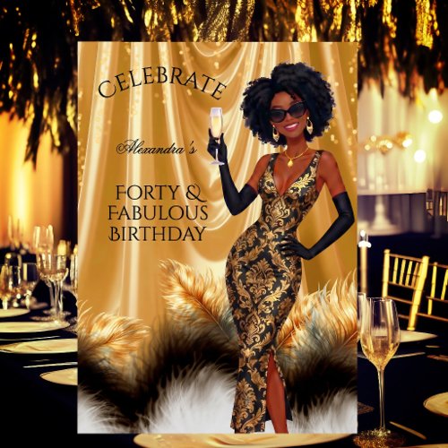 Forty Fabulous Elegant Birthday Gold Black Ethnic Invitation