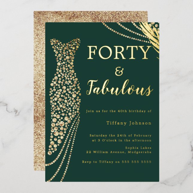 Forty & Fabulous Emerald Gold Dress 40th Birthday Foil Invitation (Front/Back)