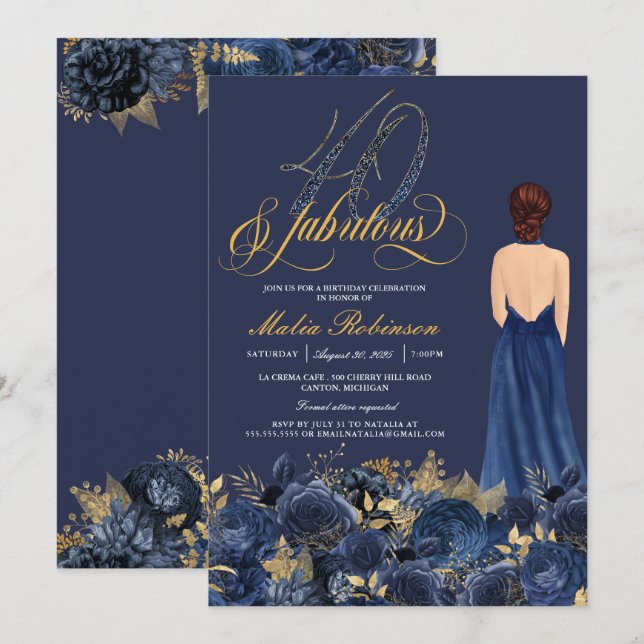 Forty & Fabulous Formal Blue & Gold Adult Birthday Invitation (Front/Back)