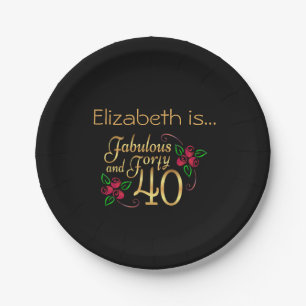 Forty Fabulous Gold Black Red Roses Birthday Paper Plates