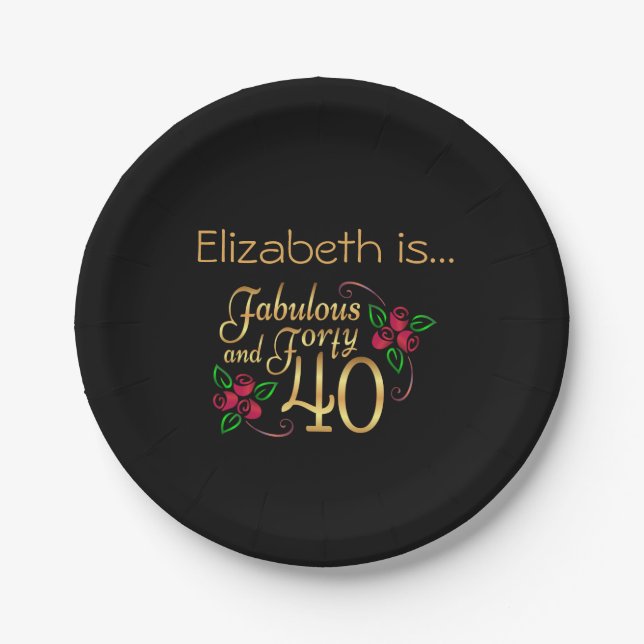Forty Fabulous Gold Black Red Roses Birthday  Paper Plates (Front)