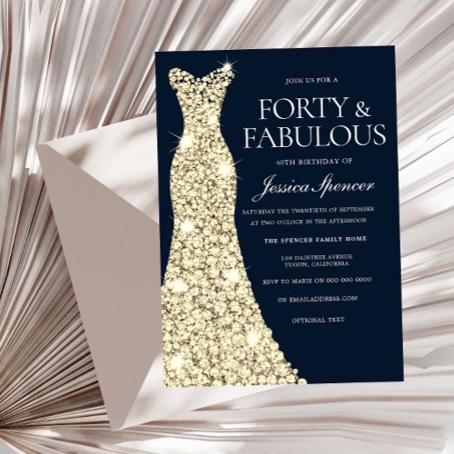 Forty  Fabulous Gold Dress Gown 40th Birthday Invitation