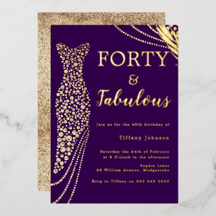 Forty & Fabulous Purple & Gold Dress 40th Birthday Foil Invitation