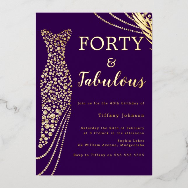 Forty & Fabulous Purple & Gold Dress 40th Birthday Foil Invitation (Front)