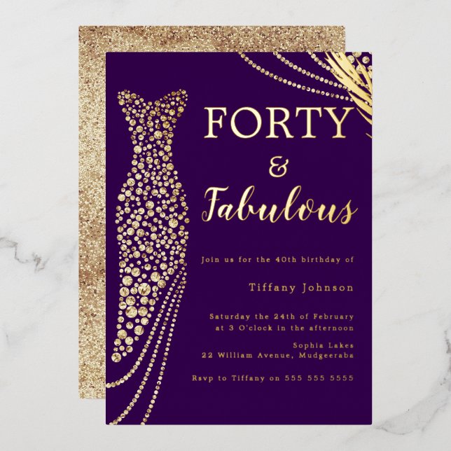 Forty & Fabulous Purple & Gold Dress 40th Birthday Foil Invitation (Front/Back)