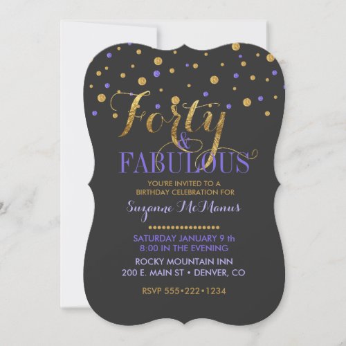 Forty  Fabulous Purple  Gold Foil Dots Invitation