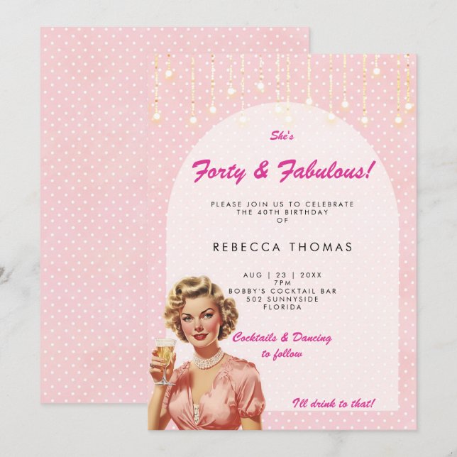 forty & fabulous retro pink birthday invitation (Front/Back)