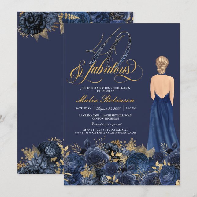 Forty & Fabulous  Sapphire Blue & Gold Birthday Invitation (Front/Back)