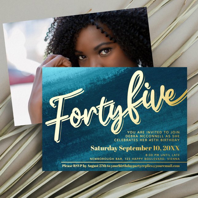 Forty five 45th Birthday aqua teal gold photo Foil Invitation (Creator Uploaded)