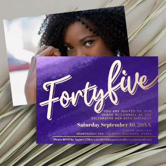 forty five 45th Birthday purple rose gold photo Foil Invitation