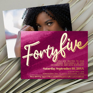 Forty five 45th Birthday red pink gold photo Foil Invitation