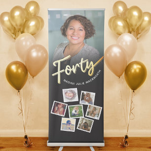 Forty gold black Birthday party 8 photos Retractable Banner