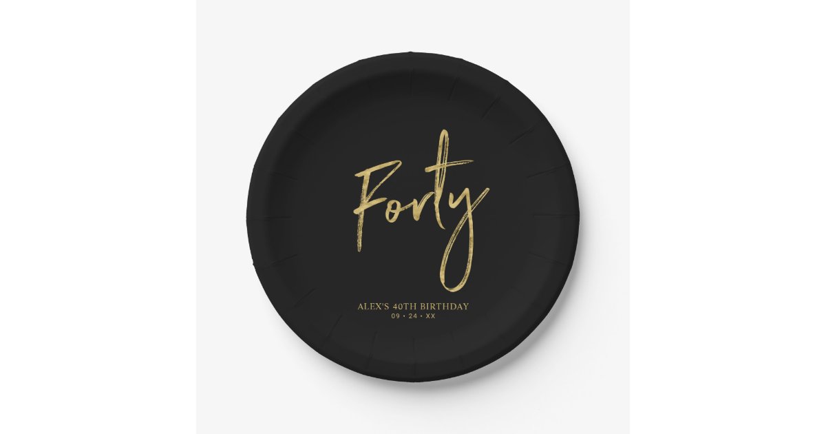 Forty | Gold & Black Lettering 40th birthday Paper Plates | Zazzle