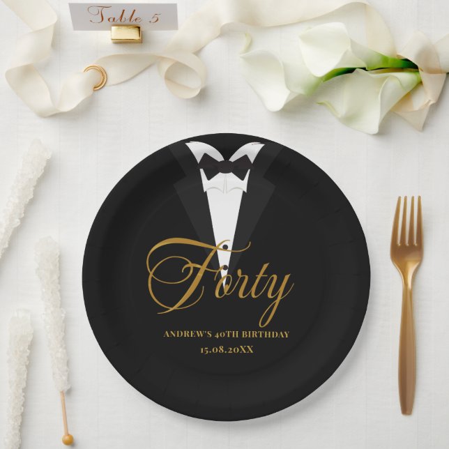 Forty | Gold & Black Lettering 40th Birthday Paper Plates (Wedding)