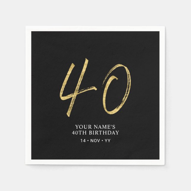 Forty | Gold & Black Lettering 40th Birthday Party Napkins (Front)