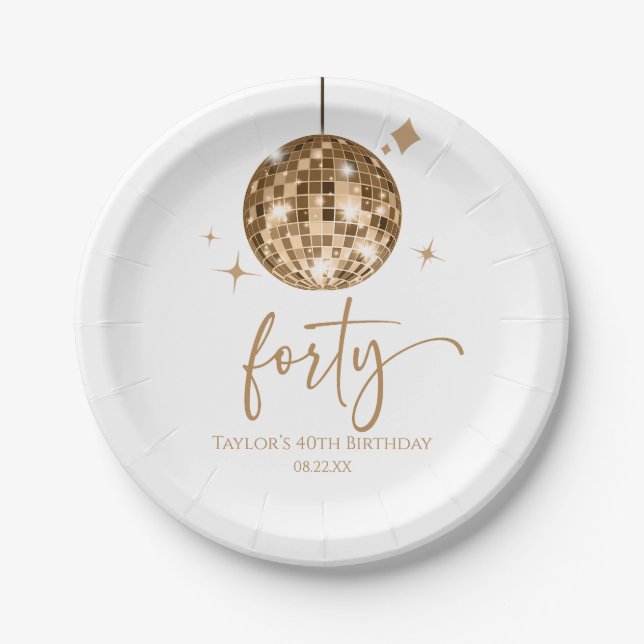 Forty Gold Disco Ball 40th Birthday Party Paper Plates (Front)
