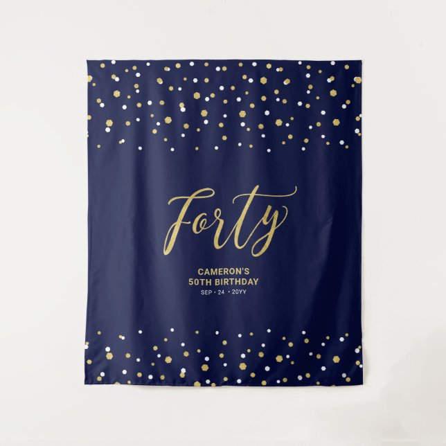 Forty | Gold & Navy 40th Birthday Party Backdrop (Front)