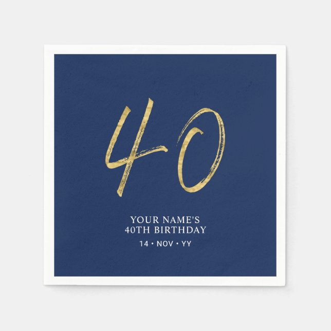 Forty | Gold & Navy Blue Lettering 40th Birthday Napkins (Front)