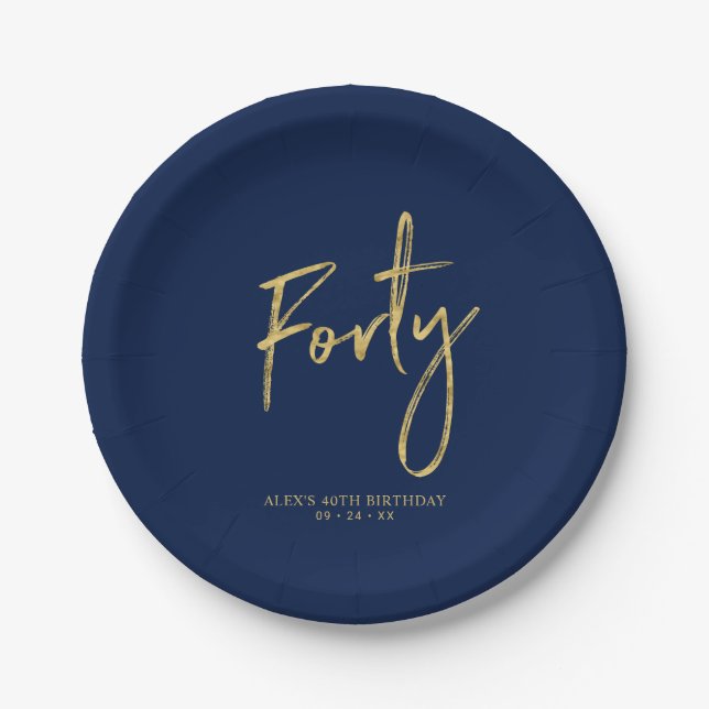 Forty | Gold & Navy Blue Lettering 40th birthday Paper Plates (Front)