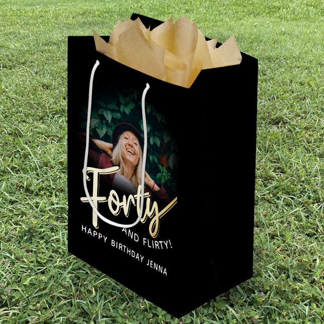 Forty gold script and custom photo 40th birthday medium gift bag (Creator Uploaded)