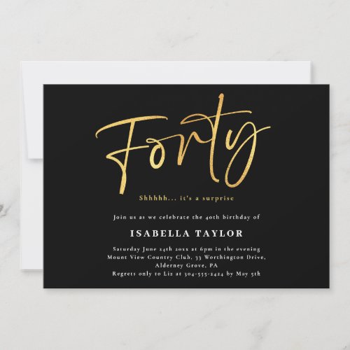 Forty Modern Black Gold 40th Birthday Invitation