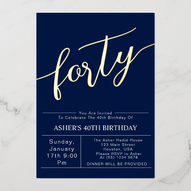 Forty | Modern Blue & Gold Script 40th Birthday  Foil Invitation (Front)