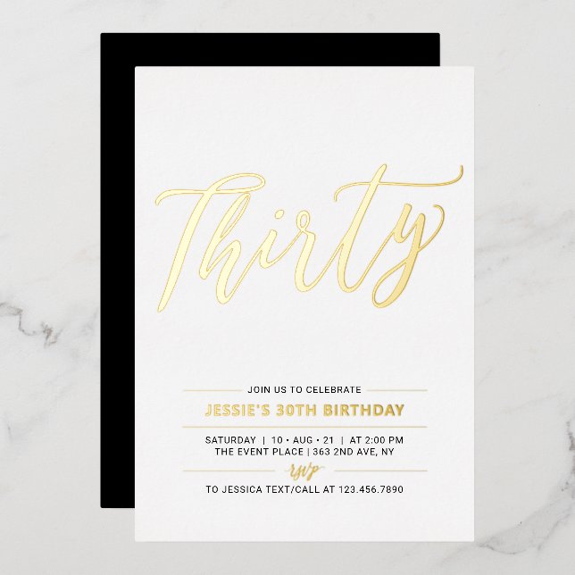 Forty | Modern Gold & Black 30th Birthday Party Foil Invitation (Front/Back)