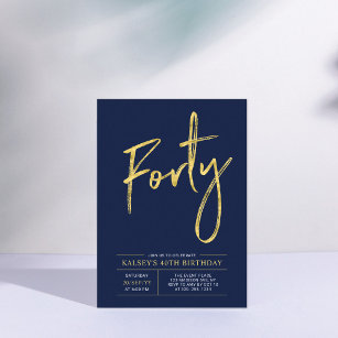 Forty   Modern Gold & Blue 40th Birthday Party Invitation
