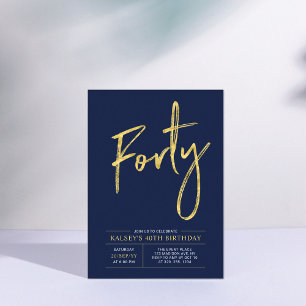 Forty Modern Gold & Blue 40th Birthday Party Invitation