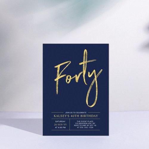 Forty  Modern Gold  Blue 40th Birthday Party Invitation