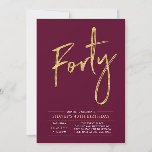 Forty  Modern Gold  Burgundy 40th Birthday Party Invitation