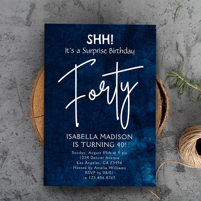 Forty | Navy Blue 40th Birthday Surprise Party Invitation (Forty | Navy Blue 40th Birthday Surprise Party Invitation
)