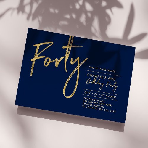 Forty  Navy  Gold Modern 40th Birthday Party Invitation