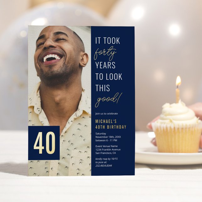 Forty Photo Blue & Gold 40th Birthday Party Real Foil Invitation (Creator Uploaded)