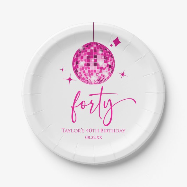 Forty Pink Disco Ball 40th Birthday Party Paper Plates (Front)