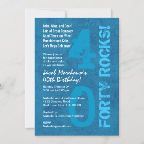 Forty Rocks! 40th Birthday Blue White Template Personalized Announcements