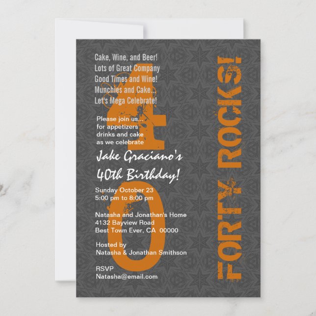 Forty Rocks! 40th Birthday Gray Stars Orange Invitation (Front)