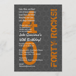 Forty Rocks! 40th Birthday Gray Stars Orange Invitation