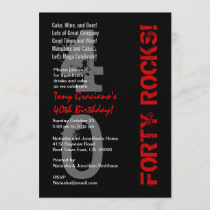 Forty Rocks! Birthday Black White Red Linen Invitation