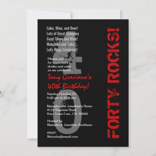 Forty Rocks! Birthday Black White Red Linen Invitation