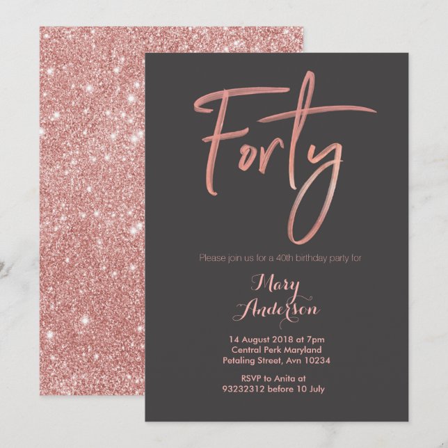 Forty Rose Gold 40th Birthday Invitation (Front/Back)