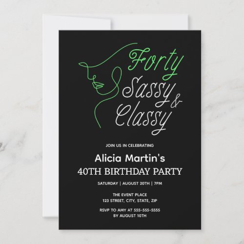 Forty Sassy  Classy Black 40th Birthday Party Invitation