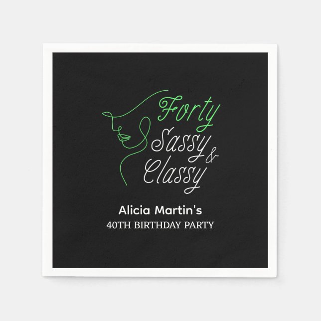 Forty Sassy & Classy Black 40th Birthday Party Napkins (Front)