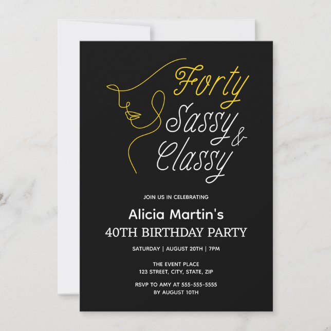 Forty Sassy & Classy Gold Black 40th Birthday  Invitation (Front)