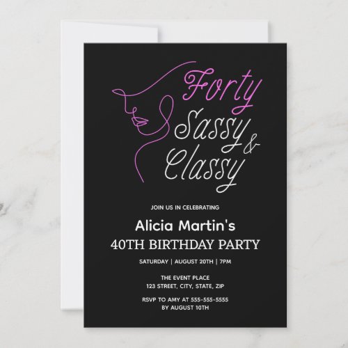 Forty Sassy  Classy Pink Black 40th Birthday  Invitation