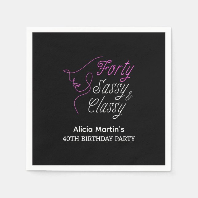 Forty Sassy & Classy Pink Black 40th Birthday  Napkins (Front)