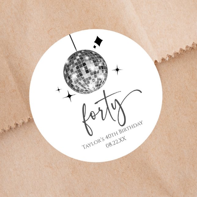 Forty Silver Disco Ball 40th Birthday Party Classic Round Sticker (Creator Uploaded)
