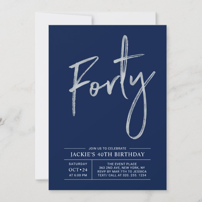 Forty | Silver & Navy Modern 40th Birthday Party Invitation (Front)