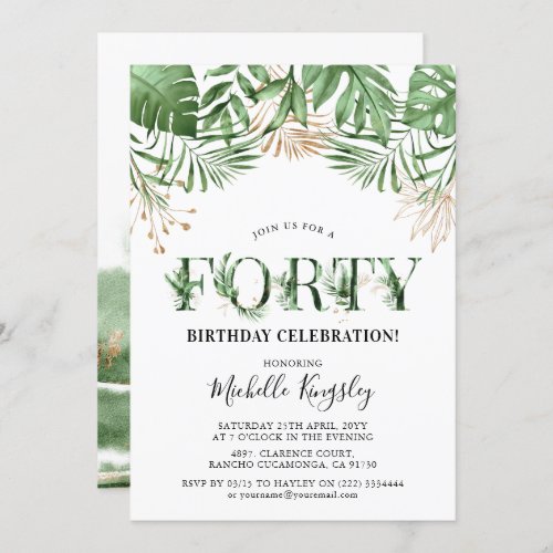 Forty Tropical Watercolor Greenery 40th Birthday  Invitation