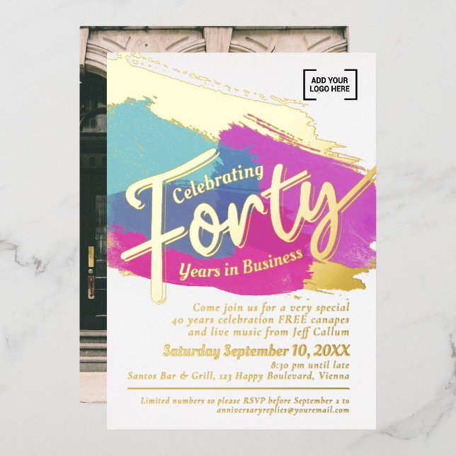 Forty years business anniversary gold art foil invitation (Front/Back)